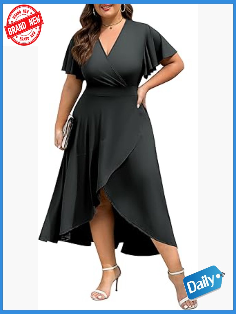 Plus Size Maxi Dress Ruffle Short Sleeve Wrap V Neck High Low Split